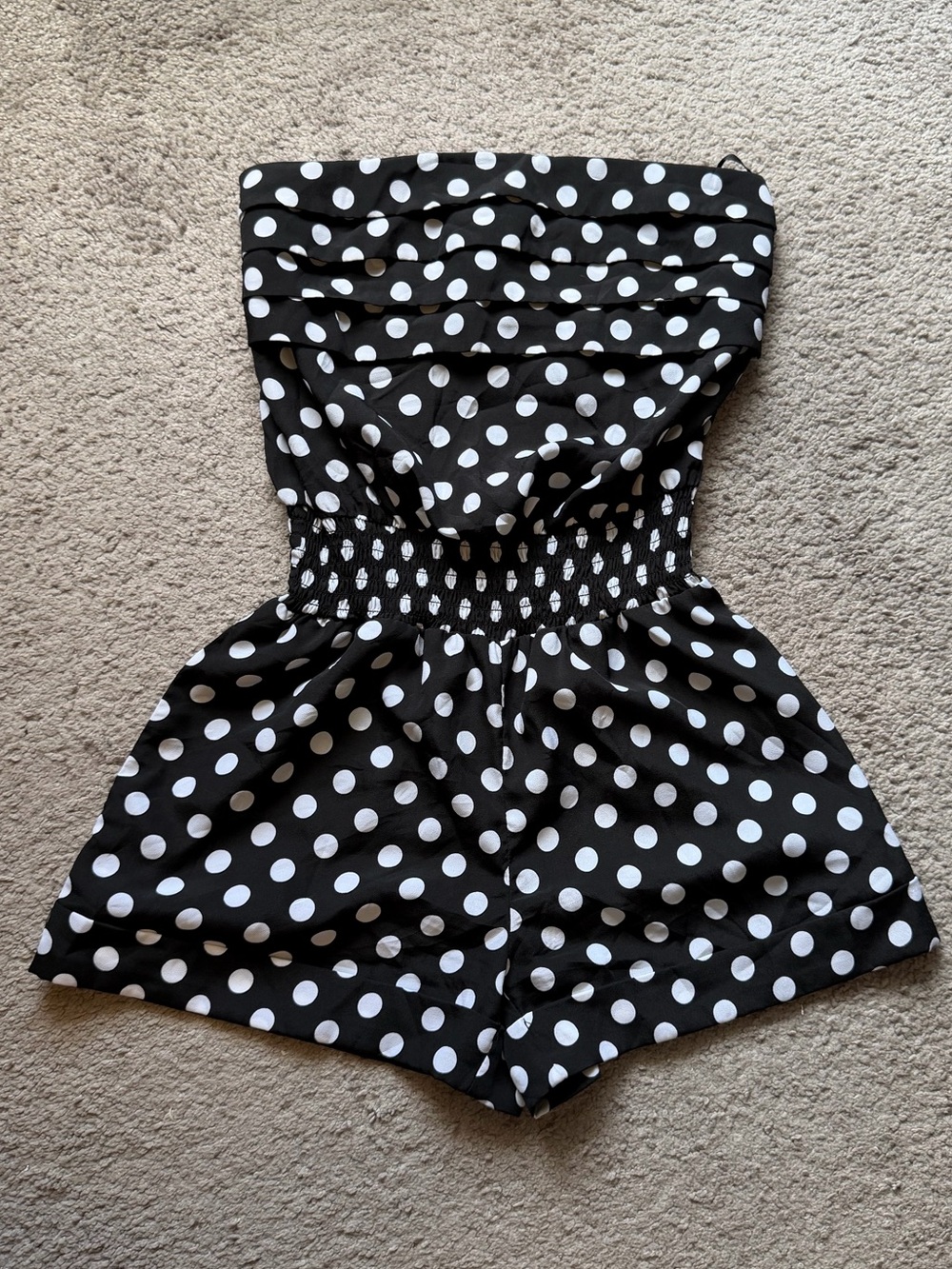 bebe Black and White Polka Dot Strapless Romper